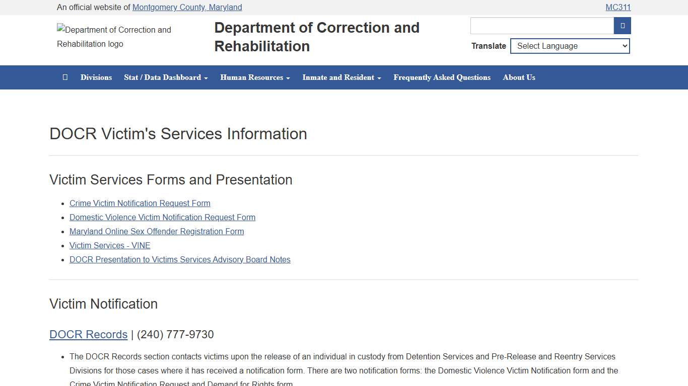 VICTIM SERVICES - DEPARTMENT OF CORRECTION AND REHABILITATION, MONTGOMERY COUNTY, MARYLAND
