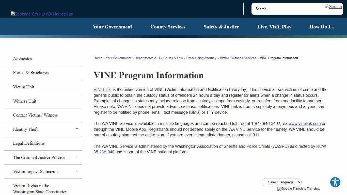 VINE Program Information | Spokane County, WA