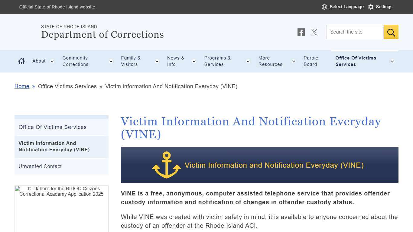Victim Information And Notification Everyday (VINE) | Department of Corrections